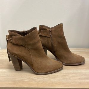 Brown Suede Heeled Booties with Fringe Tassles | Vince Camuto